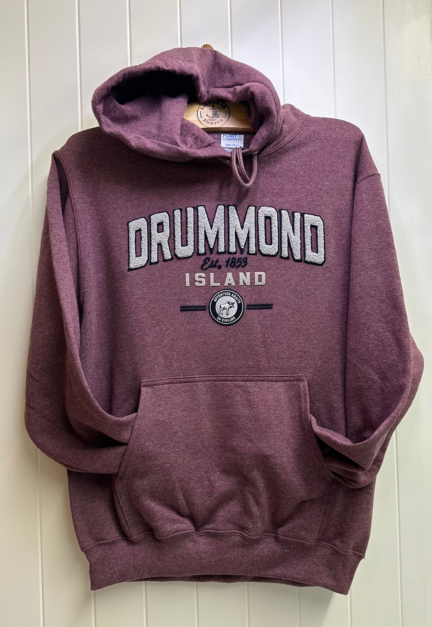 Drummond Island Fuzzy Embossed Letters and Moose, Hoodie