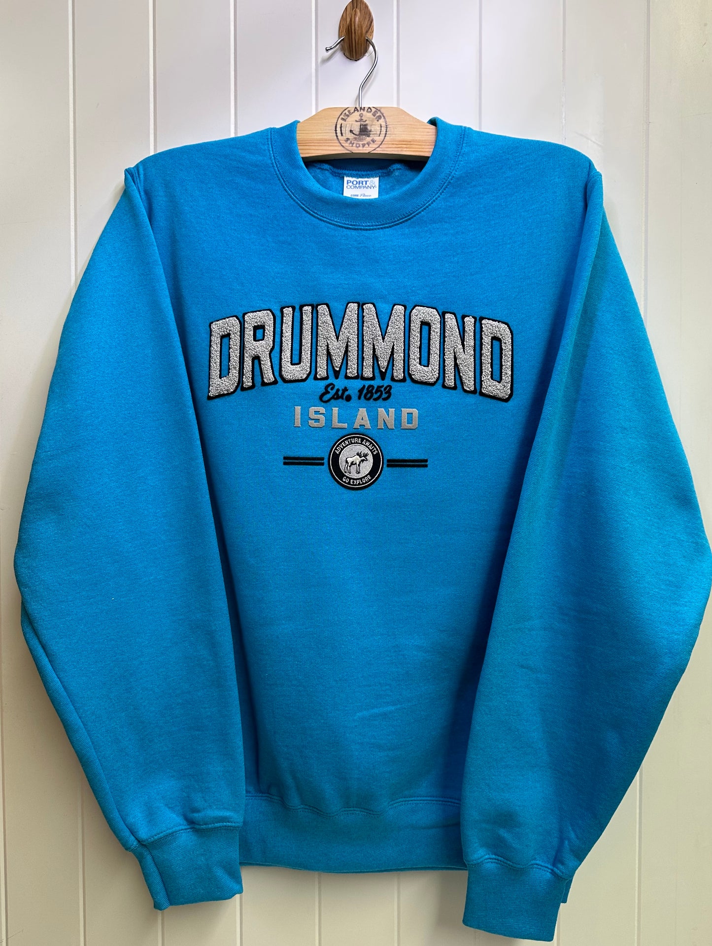 Drummond Island Fuzzy Embossed Letters and Moose, Crew