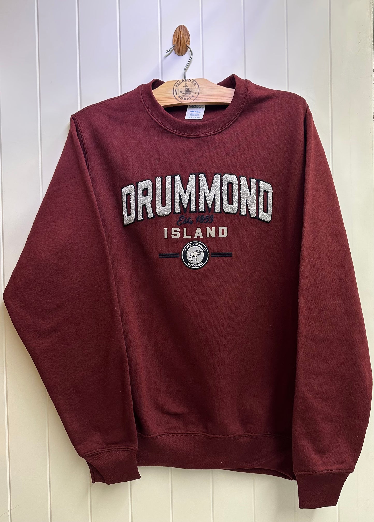 Drummond Island Fuzzy Embossed Letters and Moose, Crew