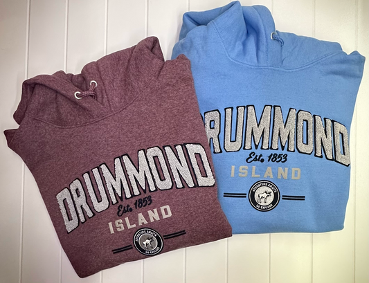 Drummond Island Fuzzy Embossed Letters and Moose, Hoodie