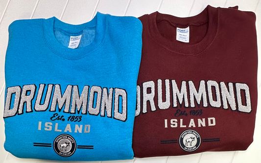 Drummond Island Fuzzy Embossed Letters and Moose, Crew